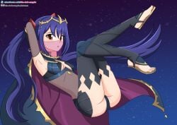 1girls alternate_costume armpits ass black_panties blue_hair bodystocking breasts brown_eyes cape cosplay crossover fairy_tail female_only fire_emblem fire_emblem_fates long_hair looking_at_viewer mouth_veil nyx_(fire_emblem)_(cosplay) panties see-through small_breasts solo the_dark_mangaka twintails wendy_marvell