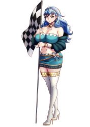 1girls absurdres adapted_costume alternate_hairstyle bandeau bangs bare_shoulders blue_hair blue_skirt boots bracelet braid breasts checkered_flag choker cleavage commentary crossed_legs crown_braid earrings english_commentary eyebrows_visible_through_hair female female_only fire_emblem fire_emblem:_three_houses fire_emblem_heroes flag full_body grey_eyes groin hair_down high_heel_boots high_heels highres holding holding_flag jewelry large_breasts long_hair long_sleeves looking_at_viewer marianne_von_edmund midriff miniskirt navel nintendo off_shoulder pencil_skirt race_queen simple_background skirt skirt_set solo standing stomach strapless thigh_boots thighhighs tube_top watson_cross white_background white_footwear will_(willanator93) willanator zettai_ryouiki