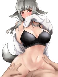 1girls alternate_breast_size bangs bare_shoulders bare_thighs big_breasts blush bottomless bra breasts cleavage color covering_mouth female_focus fire_emblem fire_emblem_fates grey_hair hip_grab large_breasts long_hair motion_blur nintendo off_shoulder open_clothes open_shirt red_eyes sex shirt solo_focus straight sweat tail thighs toshimasa underwear vaginal_penetration velouria_(fire_emblem) white_background wolf_girl