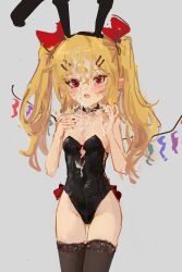 :o alternate_costume black_legwear black_leotard blonde_hair bow crystal cum cum_string facial female flandre_scarlet grey_background hair_between_eyes hairbow highres leotard long_hair looking_at_viewer nail_polish oerba_yun_fang open_mouth pointy_ears red_bow red_eyes red_nails reddizen simple_background solo strapless strapless_leotard thighhighs touhou twintails wings