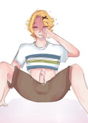 after_masturbation blonde_hair blush cum heart-shaped_pupils mystic_messenger purple_eyes spread_legs yoosung_kim