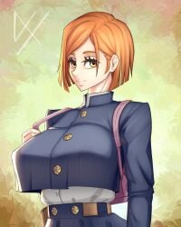 1girls astlk backpack belt big_breasts clothed clothed_female clothing female female_focus female_only happy_female human jujutsu_kaisen kugisaki_nobara large_breasts light-skinned_female light_skin looking_at_viewer nipple_bulge orange_hair short_hair slight_smile smile smiling smiling_at_viewer uniform white_body white_skin yellow_eyes