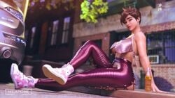 3d alternate_breast_size big_breasts blizzard_entertainment breasts brown_hair converse_shoes female female_only focus milapone overwatch size_difference tracer