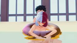 3d anal_sex blush female_todoroki floatation_device floating in_water izuku_midoriya my_hero_academia naked nude pool rule_63 shouto_todoroki tears_of_pleasure water_float