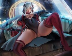 ass bangs breasts female female_focus female_only hair_over_one_eye headgear headphones lipstick long_hair lucia:_crimson_abyss_(punishing:_gray_raven) lucia_(punishing:_gray_raven) makeup medium_breasts one-piece_swimsuit punishing:_gray_raven rached red_eyes robot_girl sitting solo spread_legs spreading thick_thighs thighhighs white_hair