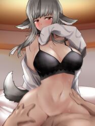 1girls alternate_breast_size bangs bare_shoulders bare_thighs big_breasts blush bottomless bra breasts cleavage covering_mouth female_focus fire_emblem fire_emblem_fates grey_hair hip_grab indoors large_breasts long_hair motion_blur nintendo off_shoulder on_bed open_clothes open_shirt red_eyes sex shirt solo_focus straight sweat tail thighs toshimasa underwear vaginal_penetration velouria_(fire_emblem) wolf_girl