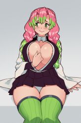 areola_slip areolae bangs big_breasts blush braided_hair cleavage demon_slayer female female_only green_eyes haori kanroji_mitsuri kimetsu_no_yaiba long_hair long_sleeves mole_under_eye no_bra open_shirt panties pink_hair pleated_skirt sitting solo suoiresnu thick_thighs thighhighs two_tone_hair uniform white_panties wide_hips zettai_ryouiki