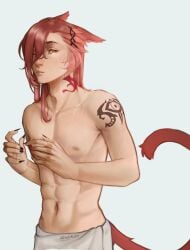 1boy abs artantiacida artist_signature cat_tail catboy final_fantasy final_fantasy_xiv g'raha_tia hair_over_one_eye long_fingernails looking_at_viewer male male_only miqo'te nipples red_eyes red_hair safe simple_background tail tattoo towel white_background