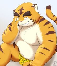 2022 5groo5 absurd_res anthro balls belly bottomwear clothing felid genitals hi_res humanoid_hands kemono loincloth male male_only mammal moobs nipples overweight overweight_male pantherine setsubun simple_background sitting solo tiger white_body