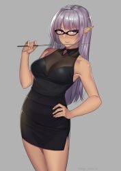 1girls bangs black-framed_eyewear black_skirt breasts dark-skinned_female dark_elf elf elf_ears female glasses grey_background halterneck hand_on_hip highres kagematsuri looking_at_viewer mole_under_eye original pencil_skirt pointer pointy_ears purple_eyes purple_hair see-through skirt sleeveless solo standing