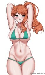 1girls alternate_breast_size arms_up big_breasts bikini blush breasts female green_eyes large_breasts long_hair looking_at_viewer navel nintendo orange_hair pokemon pokemon_ss shadertoons side_ponytail simple_background skindentation solo sonia_(pokemon) swimsuit thigh_gap