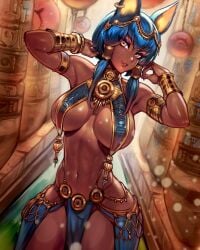 1girls animal_ears armpits arms_up breast_curtains breasts dark-skinned_female dark_skin egypt egyptian egyptian_female eyeshadow female female_only makeup melanin pelvic_curtain reiq solo standing twintails