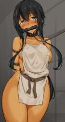 arms_behind_back bit_gag black_hair blue_eyes blush bondage bound bound_arms breasts collar dark-skinned_female dark_skin female gag gagged highres leash long_hair medium_breasts naked_tabard no_bra no_panties original pelvic_curtain saliva sex_slave sideboob slave solo tears thick_thighs thighs