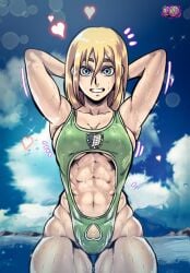 abs armpits arms_up ass athletic athletic_female attack_on_titan big_ass blonde_hair blue_eyes breasts christa_lenz d-art edit female female_only green_clothing historia_reiss muscles muscular_female muscular_thighs pubic_hair pubic_hair_peek shingeki_no_kyojin smile smiling smiling_at_viewer solo solo_female swimsuit thick_thighs thighs