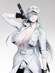 breast_pocket breasts cap cells_at_work cleavage dhk female hataraku_saibou huge_breasts inner_sideboob large_breasts pale-skinned_female pale_skin sword u-1196 white_blood_cell_(hataraku_saibou) white_clothing white_coat white_hair