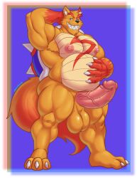 absurd_res anthro bara bara_tits big_chest big_muscles big_pecs big_pectorals chest genitals hi_res humanoid hunnipanda male male_only moonwulf musclegut muscles muscular muscular_anthro muscular_arms muscular_humanoid muscular_legs orange_body orange_fur overweight overweight_male pecs pectorals penis solo standing