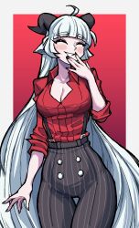 baphomet_(grizz) blunt_bangs cleavage closed_eyes demon_girl fan_character goat_girl helltaker large_breasts pinstripe_pattern red_shirt smile white_hair