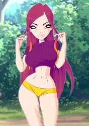 1girls 4kids_entertainment big_breasts blue_eyes cameltoe clothed day female female_only front_view holding_hair hourglass_figure legs light-skinned_female light_skin long_hair looking_at_viewer nickelodeon nipple_bulge nipples_visible_through_clothing no_pants pink_hair rainbow_(animation_studio) roxy_(winx_club) solo t-shirt thighs thin_waist tree two_tone_hair visible_nipples voluptuous winx_club zfive