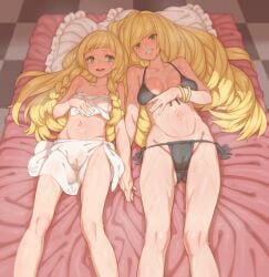 2girls alternate_version_available big_breasts bikini bikini_bottom bikini_top black_bikini blonde_hair blush breasts casual daughter female green_eyes holding_hands human lillie_(pokemon) long_hair lusamine_(pokemon) mature_female milf mother mother_and_daughter multiple_girls nipples nipples_visible_through_clothing on_bed open_mouth pale_skin pokemon pokemon_sm pussy small_breasts smile sweat swimwear tenako tenako_(mugu77) white_bikini wristwear young