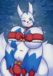 anthro big_breasts blush breasts bulge christmas christmas_clothing claws clothing drokmars female fluffy fluffy_tail gynomorph hi_res holidays intersex nintendo pokémon_(species) pokemon pokemon_(species) red_claws shiny_pokemon solo thick_thighs tight_clothing tight_fit video_games zangoose