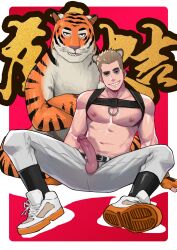 erection gay grin harness looking_at_viewer male male_only maorenc muscle muscular muscular_male pecs sitting smirk solo solo_male tiger