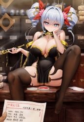 1girls :( absurd_res blue_eyes chinese_clothes chinese_dress chinese_text crossed_bangs drill_hair female heart-shaped_pupils hi_res huge_breasts kanji legwear long_hair lounging male_pov niliu_chahui original original_character paper pharmacist smoking_pipe spread_legs succubus thick_thighs toes twin_drills wide_hips