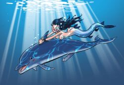 1boy au_(artist) black_hair blush boli-blog breast dolphin dolphin_rape female imminent_dolphin_rape imminent_sex mermaid monster_girl naked nipples nude open_mouth penis peril skinny_dipping underwater