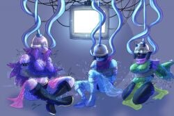 anthro blue_hair bondage brainwashing cleavage corruption deltarune disappearing_clothes femsub hat kaa_eyes kneeling kris_(deltarune) long_hair malesub purple_hair ralsei resisting suddenly_naked susie_(deltarune) tech_control tentacle_in_ear tomatson transformation vanishing_clothes