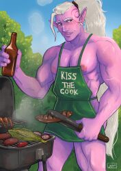 1girls apron areolae artist_name beer bottle breasts corn female female_focus female_only food grill grilling hi_res huntara jembutspicy long_hair looking_at_viewer muscles muscular muscular_female nipples onions pepper pink_skin ponytail sausage she-ra_and_the_princesses_of_power shrimp signature smirk solo solo_female text vegetable watermark white_hair yellow_eyes