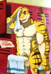 1boy anthro big_muscles big_penis blue_eyes danuelragon34 erection felid genitals hi_res humanoid_genitalia locker locker_room looking_at_viewer male male_only mammal morenatsu muscular nipples pantherine paper penis pubes solo swimming_goggles tiger torahiko_(morenatsu) towel towel_on_penis video_games visual_novel wet