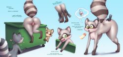 absurd_res after_transformation anthro ass big_butt breasts dumpster english_text female genitals group hi_res imminent_blowjob imminent_oral imminent_sex male male/female mammal penis procyonid pussy raccoon raised_tail text thick_thighs trio zorym