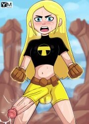 2022 belt big_penis blonde_hair blue_eyes blush cartoon_network costume dc dickgirl erection_under_clothes futa_only futanari glans handwear human large_penis long_hair open_mouth pale_skin penis penis_out penis_through_leghole precum retracted_foreskin simple_background solo_futa standing sweat tara_markov teen_titans teen_titans_go terra villain yutomaster