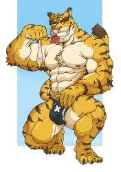 1boy anthro big_bulge big_muscles blue_background blue_eyes bodily_fluids bulge clothing condom cum felid genital_fluids hi_res kounfuyu looking_at_viewer male male_only mammal morenatsu muscular nipples pantherine pubes sexual_barrier_device simple_background smile solo speedo swimwear tiger torahiko_(morenatsu) video_games visual_novel white_background