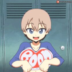 2d 2d_animation animated blue_eyes bouncing_breasts female flashing_breasts grey_hair massive_breasts middle_finger shirt_lift twistedgrim uzaki-chan_wa_asobitai! uzaki_hana