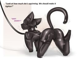 2019 anthro biped bitchsuit black_blindfold black_collar blindfold bondage bondage bondage_gear bound breasts collar dialogue domestic_cat english_text felid feline felis female forced gag gagged hi_res leash lock mammal muffled petplay roleplay rubber sensory_deprivation simple_background solo submissive submissive_anthro submissive_female text zinni zinnick