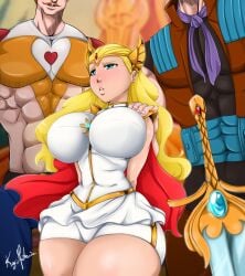 1girls 2boys adora armor arms_behind_back artist_name big_dom_small_sub bigger_dom bike_shorts blonde_female blonde_hair blue_eyes blush bow_(she-ra) breasts breasts_bigger_than_head cameltoe cape clothing crossover dress embarrassed female female_focus femsub hand_on_shoulder hourglass_figure huge_breasts kajimateria larger_dom larger_male long_hair male maledom pauldrons platinum_blonde_hair presenting presenting_breasts red_cape sea_hawk she-ra she-ra_and_the_princesses_of_power she-ra_princess_of_power size_difference skirt smaller_female smaller_sub submissive submissive_and_breedable submissive_female sword thick_thighs thin_waist tiara watermark weapon white_dress white_skirt wide_hips