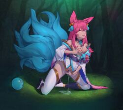 9_tails ahri alternate_costume alternate_eye_color alternate_hair_color alternate_hairstyle animal_ear_fluff animal_ears animal_girl animal_humanoid bangs bare_shoulders bell big_breasts blue_eyes bodily_fluids breasts choker cleavage clothing curvy curvy_body curvy_female eyelashes eyeliner eyeshadow facial_markings female fondling fondling_breast forest fox fox_ears fox_girl fox_humanoid fox_tail fox_tails fur furry_ears furry_tail genital_fluids glistening hair_ornament hair_ribbon hourglass_figure humanoid japanese_clothes kemonomimi kimono kitsune kitsunemimi kneeling league_of_legends light-skined_female light_skin long_hair looking_at_viewer masturbation mornali multi_tail multiple_tails nature nine_tailed_fox orb pale-skinned_female pale_skin pink_hair pussy pussy_juice pussy_juice_drip pussy_juice_puddle riot_games robe smile spirit_blossom_ahri spirit_blossom_series tail thigh_highs vagina vastaya video_games wink winking winking_at_viewer