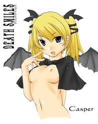 1girls bat_wings blonde_hair casper deathsmiles eyebrows_visible_through_hair fang female hair_ornament navel nipples open_mouth simple_background small_breasts smile solo text twintails white_background