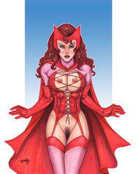 1girls 2010 adapted_costume avengers belt bottomless breasts breasts_out clothes corset female female_only functionally_nude garter_straps gloves headband headwear human lingerie marvel marvel_comics mutant_(marvel) navel nipples nude open_clothes open_mouth opera_gloves pubic_hair red_hair revealing_clothes scarlet_witch solo stockings straight_hair tcatt vulva wanda_maximoff x-men