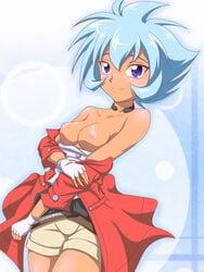 1girls beyblade beyblade_metal_fusion blue_hair blush breasts choker clothing dark-skinned_female dark_skin exposed_breasts female female_only highres hikaru_hazama human jacket looking_at_viewer medium_breasts metal_fight_beyblade nipples presenting short_hair shorts smile solo takappe thick_thighs