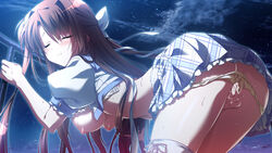 arched_back areolae bent_over blush breasts brown_hair closed_eyes female fingering game_cg glowing hand_between_legs long_hair masturbation natsuzora_no_perseus night nipples open_clothes outdoors panties sawatari_tohka short_sleeves shouna_mitsuishi skirt sky solo star_(sky) starry_sky sweat takasaki_mako thighhighs underwear white_legwear yellow_panties