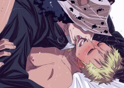 2boys bartholomew_kuma biting_lip clothed_male clothed_sex clothing crying donquixote_doflamingo eyes_closed gay gloves implied_sex male male_only one_piece straight_hair yaoi