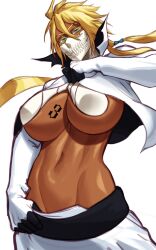 1girls absurd_res big_breasts bleach blonde_hair dark-skinned_female dark_skin female female_only green_eyes long_hair looking_at_viewer narrowed_eyes ribbon solo sotcho tia_harribel underboob white_background