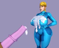 3d beauty_mark big_penis blonde_hair bodysuit breast_hold breast_lift breasts brown_eyes cum cum_on_breasts cumdrip curvy donan female horse horsecock huge_breasts human interspecies male metroid mole nintendo penis samus_aran sheath simple_background standing straight thick_thighs wide_hips zero_suit zoophilia