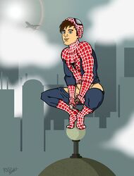 1boy holding_penis looking_at_viewer male male_only marvel pants_down penis peter_parker red_bones solo spider-man spider-man_(series) squatting straight_hair superhero unmasked