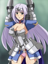 1girls annelotte armor arms_up blue_eyes blush breasts cleavage female long_hair panties purple_hair queen's_blade queen's_blade_rebellion solo standing tiara toku_(tokuhp) underwear