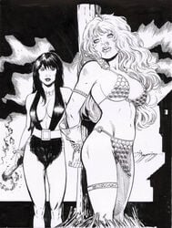 2girls amorim armlet armor bêlit bikini_armor chainmail_bikini cleavage conan_the_barbarian_(series) dark_hair female female_only gloves large_breasts loincloth long_hair marvel marvel_comics monochrome multiple_girls navel pauldrons red_sonja straight_hair