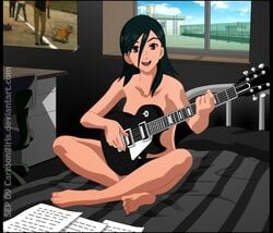 1girls 2009 barefoot beck:_mongolian_chop_squad black_hair brown_eyes cartoongirls casual feet female guitar human maho_minami musical_instrument pale_skin soles solo toes