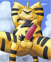 antennae anthro arms_behind_head black_fur color day electabuzz erection fangs front_view fur furry furry_tail looking_at_viewer male male_only narc nude outdoors penis pokemon pose sky smile solo tail testicles wink yellow_fur