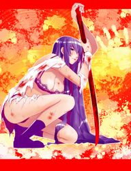 blood bloody_clothes bloody_sword bra breasts cleavage clothes color female female_only highschool_of_the_dead human kneeling large_breasts lingerie one_knee pixsi3 purple_hair round_ears saeko_busujima side_view solo sword torn_clothes underwear very_long_hair weapon wooden_sword